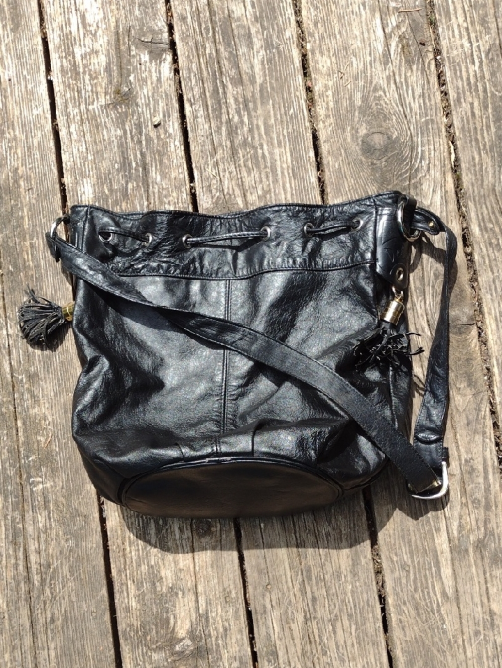 Black Leather Bucket Shoulder Bag